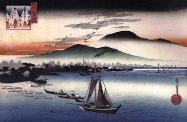 Hiroshige Vissersboten op een meer