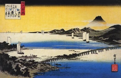 Hiroshige Gezicht op een lange brug over een meer
