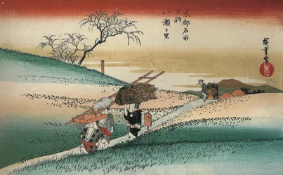 Hiroshige Vrouwen lopen op een weg door de velden