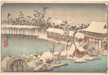 Sneeuw op het terrein van Kameido Tenmangū