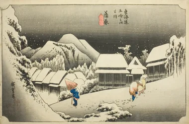 Kanbara: Avondsneeuw (Kanbara, yoru no yuki), uit de serie "Drieënvijftig stations van de Tokaido (Tokaido gojusan tsugi no uchi)," ook bekend als de Hoeido Tokaido