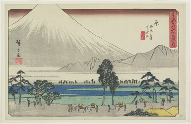 Kashiwahara rustplaats bij de vijver met uitzicht op de berg Fuji, Hara, 1841-1842