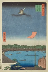 Komagata Hall en Azuma Bridge (Komagatado Azumabashi), nr.62 uit de serie "Honderd beroemde vergezichten van Edo (Meisho Edo hyakkei)".