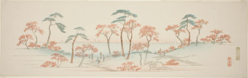 Esdoorns bij de Kaianji-tempel (Kaianji koyo), uit een ongetitelde serie van beroemde uitzichten van de buitenwijken van Edo