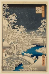 Meguro-trommelbrug en Zonsondergangheuvel, uit de serie „Honderd beroemde gezichten op Edo“