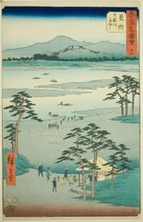 Mitsuke: Veerboot op de Tenryu-rivier, nr. 29 uit de serie "Beroemde bezienswaardigheden van de drieënvijftig stations," ook bekend als de Verticale Tokaido