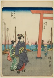 Miya, uit de serie "Drieënvijftig Stations [van de Tokaido] (Gojusan tsugi)," ook bekend als de Figuren Tokaido (Jinbutsu Tokaido)