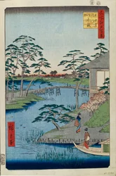 Mokuboji Tempel en groentevelden aan de Uchigawa Inham, Honderd beroemde uitzichten van Edo, 1856-1858