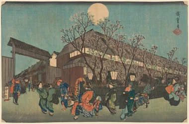 Nachtprocessie onder kersenbloesems langs de Nakanochō in Shin Yoshiwara