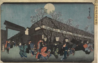 Nachtzicht op Nakanomachi met Kersenbloesems in de Yoshiwara, 1832-1834