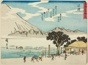 Numazu, uit de serie "Drieënvijftig Stations van de Tokaido (Tokaido gojusan tsugi)," ook bekend als de Tokaido met Gedicht (Kyoka iri Tokaido)