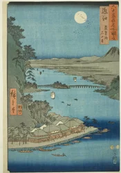 Omi Provincie: Biwa-meer en Ishiyama-tempel, uit de serie "Beroemde plaatsen in de zestig-odd provincies"