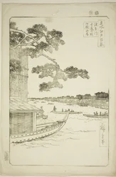 Pijnboom van succes en Oumayagashi, Asakusa-rivier (Asakusagawa shubi no matsu Oumayagashi), uit de serie "Honderd beroemde uitzichten van Edo (Meisho Edo hyakkei)"