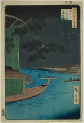 Pijnboom van Succes en Oumayagashi bij de Asakusa-rivier (Asakusagawa shubi no matsu Oumayagashi), uit de serie "Honderd beroemde uitzichten van Edo (Meisho Edo hyakkei)"
