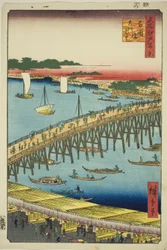 Ryogoku Brug en de Grote Rivieroever (Ryogokubashi Okawabata), uit de serie 