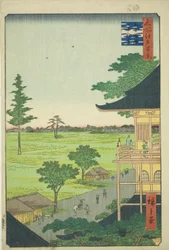 Sazai Hall van de Vijfhonderd Rakan Tempel (Gohyaku Rakan Sazaido), uit de serie "Honderd Beroemde Zichten van Edo (Meisho Edo hyakkei)"