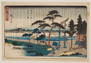 Bui op een dijk aan de Sumida-rivier, uit de serie „Nieuwe selectie van beroemde plaatsen in Edo“