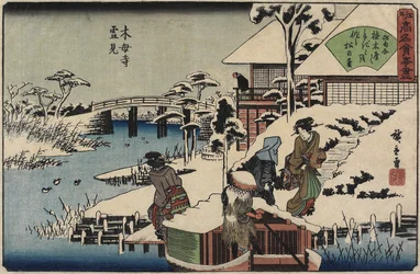 Sneeuwscène bij de Mokubo-ji-tempel en het restaurant Uekiya, Uekiya, ca. 1835-1842