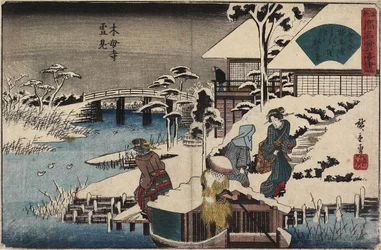 Sneeuwscène bij de Mokubo-ji Tempel en het Restaurant Uekiya, ca. 1835-1842