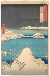 Sneeuwval bij Shimasaku, provincie Iki, uit de serie Gezichten op beroemde plaatsen in de ruim zestig provincies