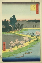 De verstrengelde kamferbomen bij het Azuma-heiligdom, uit de serie "Honderd beroemde uitzichten van Edo"