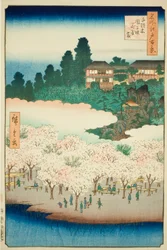 Het bloemenpaviljoen op de helling van de Dango, Sendagi (Sendagi Dangozaka Hanayashiki), nr.16 uit de serie "Honderd beroemde vergezichten van Edo (Meisho Edo hyakkei)".
