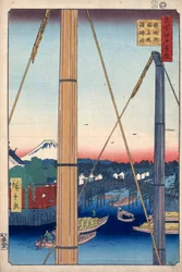 Het havenheiligdom en de Inari-brug bij Teppozu, Honderd beroemde uitzichten van Edo, 1856-1858
