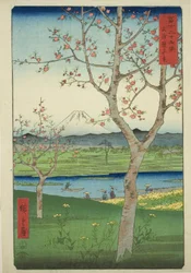 De buitenwijken van Koshigaya in de provincie Musashi (Musashi Koshigaya zai), uit de serie "Zesendertig gezichten op de berg Fuji (Fuji sanjurokkei)"