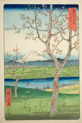 De buitenwijken van Koshigaya in de provincie Musashi (Musashi Koshigaya zai), uit de serie "Zesendertig zichten op de berg Fuji (Fuji sanjurokkei)"