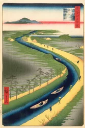 Sleepboten langs het Yotsugi-dori kanaal, plaat 33 uit de serie Honderd beroemde uitzichten van Edo, Edo Periode, Ansei Era, 1857