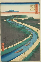 Sleepboten langs het Yotsugidori kanaal (Yotsugidori yosui hikifune), nr.33 uit de serie "Honderd beroemde vergezichten van Edo (Meisho Edo hyakkei)".