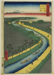 Sleepboten langs het Yotsugidori kanaal (Yotsugidori yosui hikifune), uit de serie "Honderd beroemde gezichten van Edo (Meisho Edo hyakkei)".