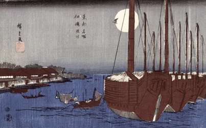 Tsukudajima-eiland en het Fukagawa-district onder de volle maan, uit de serie 