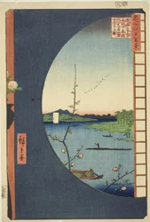 Uitzicht vanaf Massaki op Suijin Heiligdom, Uchigawa Inham, en Sekiya (Massaki hen yori Suijin no mori Uchigawa Sekiya no sato o miru zu), uit de serie "Honderd Beroemde Uitzichten van Edo (Meisho Edo hyakkei)"