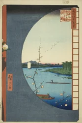 Uitzicht vanaf Massaki op Suijin Heiligdom, Uchigawa Inham, en Sekiya (Massaki hen yori Suijin no mori Uchigawa Sekiya no sato o miru zu), uit de serie "Honderd Beroemde Uitzichten van Edo (Meisho Edo hyakkei)"
