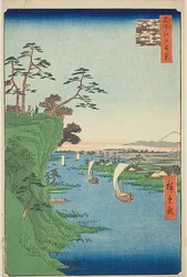 Gezicht op Konodai en de rivier de Toon (Konodai Tonegawa fukei), nr.95 uit de serie "Honderd beroemde gezichten op Edo (Meisho Edo hyakkei)".