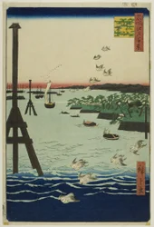 Gezicht op de baai van Shiba (Shibaura no fukei), uit de serie "Honderd beroemde gezichten op Edo (Meisho Edo hyakkei)".