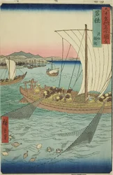 Wakasa provincie: vissersboot net platvis (Wakasa, gyosen karei ami), uit de serie "Beroemde plaatsen in de zestig-odd provincies (Rokujuyoshu meisho zue)"