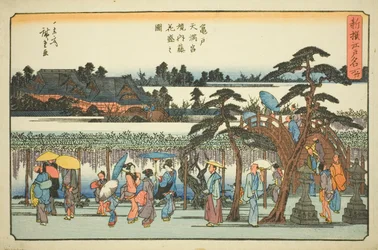 Wisteria in Volle Bloei in de Omgeving van het Kameido Tenmangu Heiligdom (Kameido Tenmangu keidai fuji hanazakari no zu), uit de serie "Nieuw Geselecteerde Beroemde Plaatsen in Edo (Shinsen Edo meisho)"