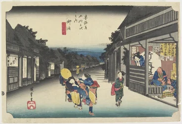 Vrouwen die reizigers benaderen, Goyu, c. 1833