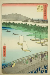 Yoshida: Grote Brug over de Toyo Rivier (Yoshida, Toyokawa ohashi), nr. 35 uit de serie "Beroemde Bezienswaardigheden van de Drieënvijftig Stations (Gojusan tsugi meisho zue)," ook bekend als de Verticale Tokaido