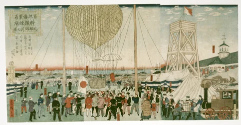 Japanse marine test een heteluchtballon in Tsukiji