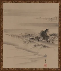 Landschap: rivier, stad en mist, Edo-periode, 19e eeuw
