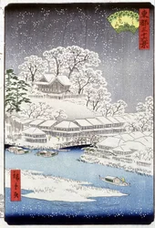 Een dorp onder de sneeuw, Japan - Japanse prent door Hiroshige - 19e eeuw