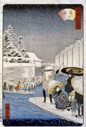 Boten onder de sneeuw, Japan - Hiroshige prent