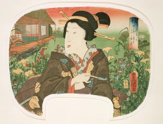 Herfst, Hanayashiki: een geisha met een pijp, ontwerp voor een waaier uit een reeks van vier die de seizoenen illustreren, 1858-60