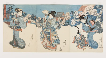 Kersenbloesembomen bij Atagoyama (kleur houtsnede)