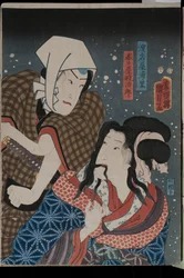 Portretten van acteurs als Kasugaya Tokijir? en Hamanaya Urasato in een niet-geïdentificeerde productie, 1856