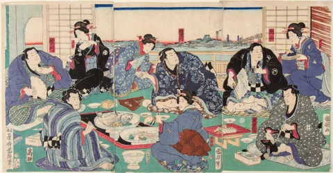 Sumo-worstelaar Sakaigawa Namiemon met andere worstelaars en geisha