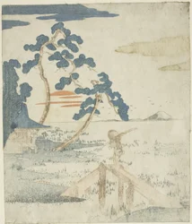 Man die een Brug Oversteekt bij Zonsopgang, uit een ongetitelde editie (zonder poëzie) van de illustraties voor de serie "Vijf Afdrukken van de Fuji-berg (Fuji goban no uchi)"